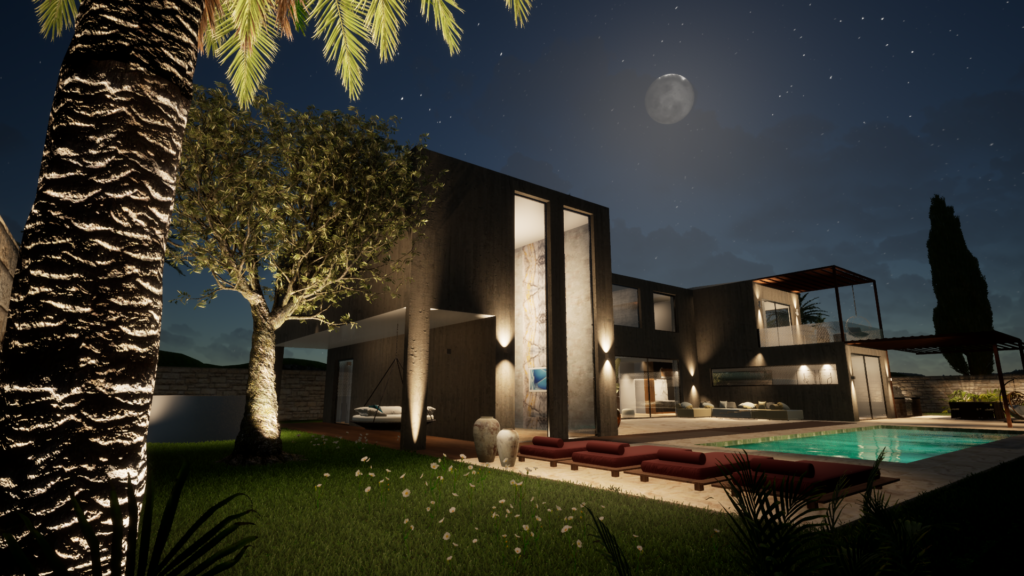 project 3d villa de nuit, dehors 