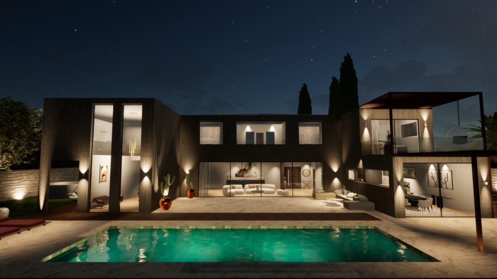 project 3d villa de nuit, dehors 